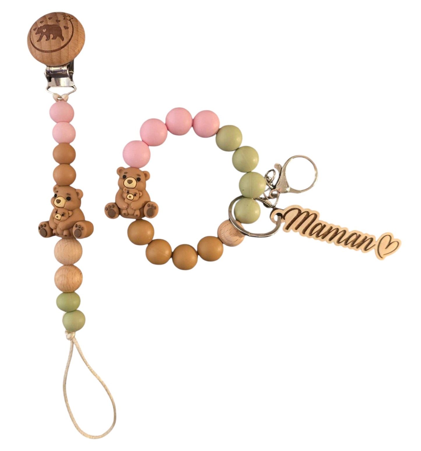 Attache-suce et bracelet porte-clé maman ourson rose