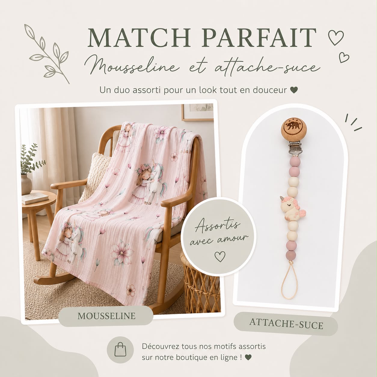 Ensemble mousseline & attache-suce licorne